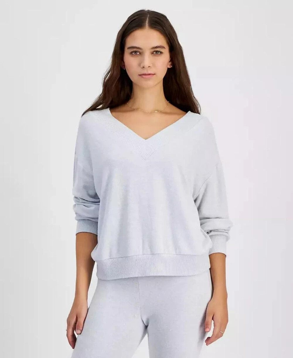Planet Heart Cozy V-Neck Pullover Top Juniors M Blue Opal Ribbed Long Sleeve